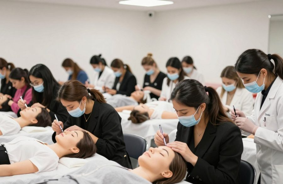 متدربات يتلقين تدريباً عملياً على تقنيات التجميل في تركيا - تطبيقات عملية على الوجه والجبهة