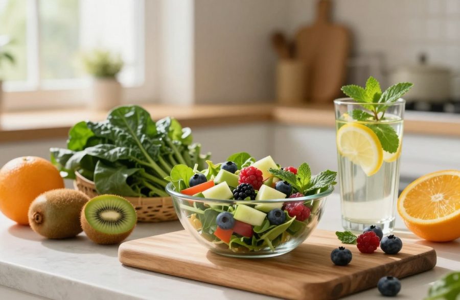 A beautifully arranged assortment of nutritious foods beneficial for skin repair after laser treatment, including vibrant fruits like kiwi, berries, and citrus, along with leafy greens such as spinach and kale, rich in vitamins and antioxidants. The foreground features a wooden cutting board topped with a bowl of fresh, colorful salad, and a glass of infused water with slices of lemon and mint. In the middle, a cozy kitchen setting with soft, warm lighting emanating from a nearby window, illuminating the scene with a natural glow. In the background, subtle plants and herbs are visible, creating a calming atmosphere that emphasizes holistic wellness. The overall mood is fresh, inviting, and nurturing, perfect to symbolize a healthy dietary approach to skincare. A beautifully arranged assortment of nutritious foods beneficial for skin repair after laser treatment, including vibrant fruits like kiwi, berries, and citrus, along with leafy greens such as spinach and kale, rich in vitamins and antioxidants. The foreground features a wooden cutting board topped with a bowl of fresh, colorful salad, and a glass of infused water with slices of lemon and mint. In the middle, a cozy kitchen setting with soft, warm lighting emanating from a nearby window, illuminating the scene with a natural glow. In the background, subtle plants and herbs are visible, creating a calming atmosphere that emphasizes holistic wellness. The overall mood is fresh, inviting, and nurturing, perfect to symbolize a healthy dietary approach to skincare.