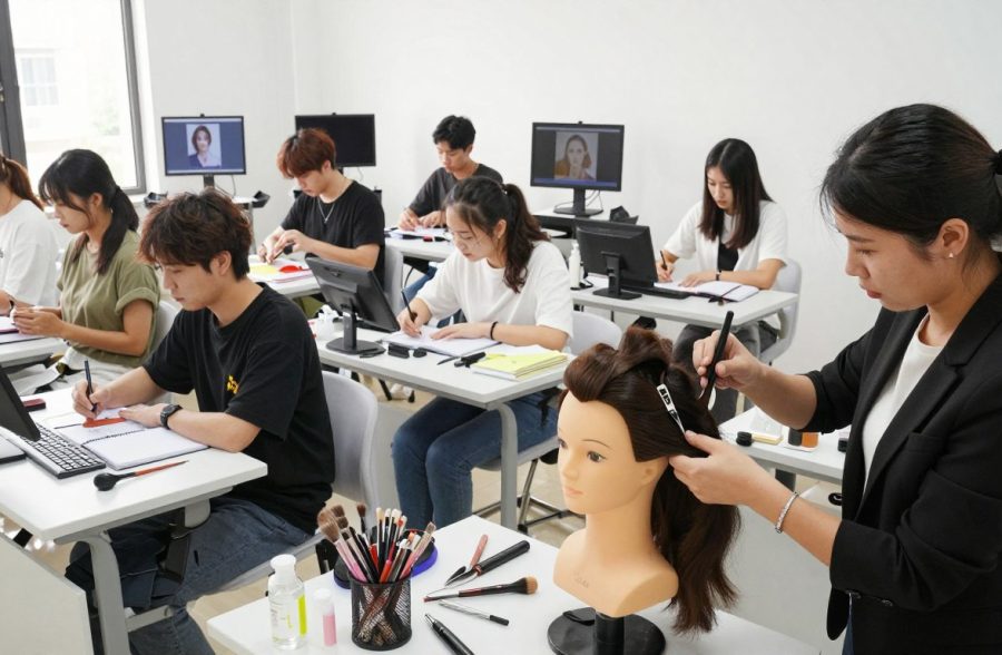 A modern beauty training session in a well-lit classroom, featuring diverse students engaged in learning about beauty techniques and technology. In the foreground, a female instructor in professional business attire demonstrates hair styling on a mannequin, with various styling tools scattered around. The middle layer shows attentive students in modest casual clothing, taking notes and practicing skills with beauty tools. The background showcases high-tech equipment like tablets and screens displaying beauty tutorials. Natural sunlight floods the room, creating a bright and inviting atmosphere, emphasizing the connection between technology and beauty education. Capture the collaborative spirit and focus of the training environment.