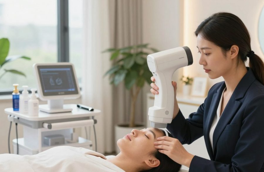 A professional skincare expert demonstrating advanced skin care techniques in a modern beauty studio. In the foreground, a focused woman in professional business attire is analyzing a client's skin using a high-tech skin scanner. The middle ground features an elegant treatment table equipped with various skincare products and tools, emphasizing a clean and organized workspace. The background displays a bright, airy room with large windows allowing natural light to flood in, decorated with green plants to create a calming atmosphere. The image should capture a sense of professionalism and innovation, highlighting the importance of skill development in the skincare industry. Soft, warm lighting accentuates the features of the expert and creates an inviting ambiance. A professional skincare expert demonstrating advanced skin care techniques in a modern beauty studio. In the foreground, a focused woman in professional business attire is analyzing a client's skin using a high-tech skin scanner. The middle ground features an elegant treatment table equipped with various skincare products and tools, emphasizing a clean and organized workspace. The background displays a bright, airy room with large windows allowing natural light to flood in, decorated with green plants to create a calming atmosphere. The image should capture a sense of professionalism and innovation, highlighting the importance of skill development in the skincare industry. Soft, warm lighting accentuates the features of the expert and creates an inviting ambiance.