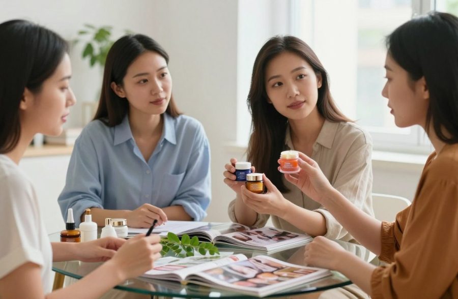 A serene and well-lit beauty consultation scene in a modern and elegant setting. In the foreground, a diverse group of three women, dressed in modest casual attire, are engaging in thoughtful discussion about selecting the right eye cream. One is holding a selection of various eye cream jars, showcasing different textures and packaging, while the others attentively examine the products. The middle ground features a stylish glass table with beauty magazines spread out alongside botanical elements for a fresh touch. In the background, soft natural light filters through a large window, creating a calming atmosphere. The overall mood is uplifting and informative, reflecting the essence of beauty advice and selection. The image should be colorful, well-composed, and inviting, capturing the spirit of skin care consultation.