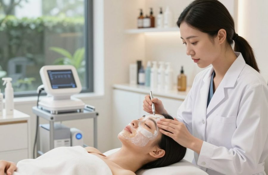 A serene skincare session in a bright, modern beauty salon. In the foreground, a professional woman in a white lab coat applies a luxurious facial mask on a client's face, using precision and care. The client, relaxed and with glowing skin, is seated comfortably in a sleek chair. In the middle background, shelves are lined with advanced skincare products and devices, illuminated by soft, natural light filtering through large windows. Outside, a lush garden scene is visible, enhancing the calming atmosphere. The overall mood is tranquil and inviting, with a focus on beauty and expert care. The lens captures the scene in crisp detail, emphasizing texture and clarity, highlighting the transformative power of skincare technology. A serene skincare session in a bright, modern beauty salon. In the foreground, a professional woman in a white lab coat applies a luxurious facial mask on a client's face, using precision and care. The client, relaxed and with glowing skin, is seated comfortably in a sleek chair. In the middle background, shelves are lined with advanced skincare products and devices, illuminated by soft, natural light filtering through large windows. Outside, a lush garden scene is visible, enhancing the calming atmosphere. The overall mood is tranquil and inviting, with a focus on beauty and expert care. The lens captures the scene in crisp detail, emphasizing texture and clarity, highlighting the transformative power of skincare technology.