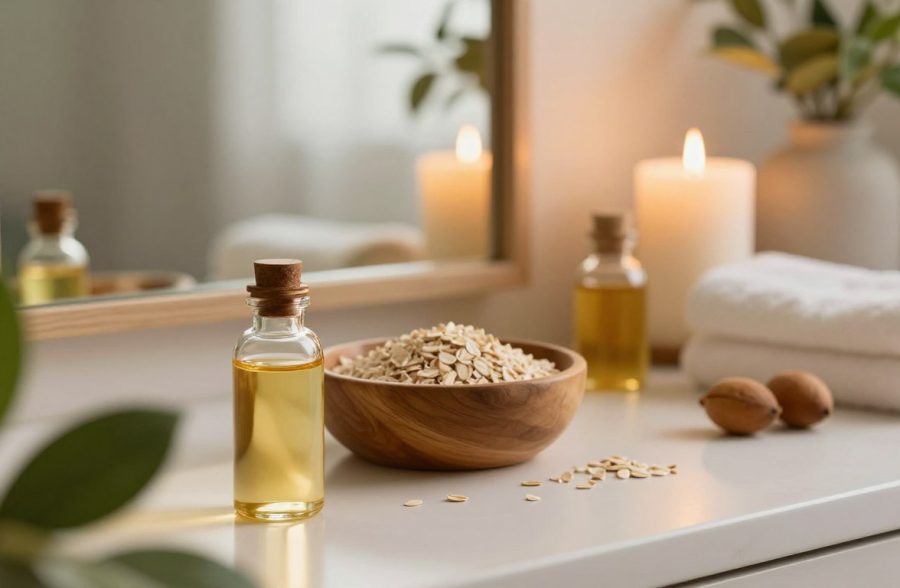 A serene spa-like setting featuring an elegant vanity with natural skincare products. In the foreground, a slightly open bottle of natural oil, like jojoba or argan, glimmers gently in the warm light. Soft-focus lush green plants are scattered throughout the scene to emphasize purity and nature. In the middle, a beautiful wooden bowl filled with natural ingredients, such as honey and oatmeal, invites the viewer to explore the concept of deep cleansing. The background displays a softly lit mirror reflecting the calming ambiance, with candles and towels adding to the tranquil atmosphere. The lighting is warm and inviting, creating a peaceful mood, ideal for skin cleansing rituals. The composition evokes a sense of relaxation and rejuvenation, embodying the essence of using natural oils for skin cleansing.