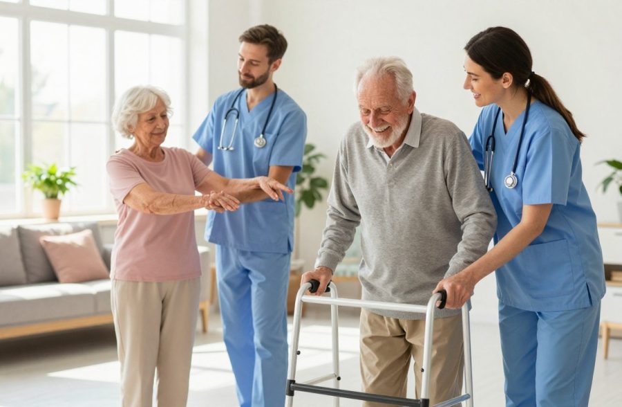A warm and compassionate scene in a well-lit senior care facility depicting elderly individuals receiving medical care. In the foreground, a professional caregiver in smart casual attire assists a smiling elderly man with a walker, highlighting the human connection and support in healthcare. The middle ground features another caregiver helping an elderly woman with physical therapy exercises, emphasizing mobility and wellness. In the background, soft pastel colors create a calming atmosphere, with plants and comfortable seating arrangements, portraying a nurturing environment. The lighting is soft and natural, suggesting afternoon sunlight filtering through large windows, creating an inviting and hopeful mood. This image reflects the challenges of elderly care, focusing on their medical and physical needs while conveying warmth and professionalism.