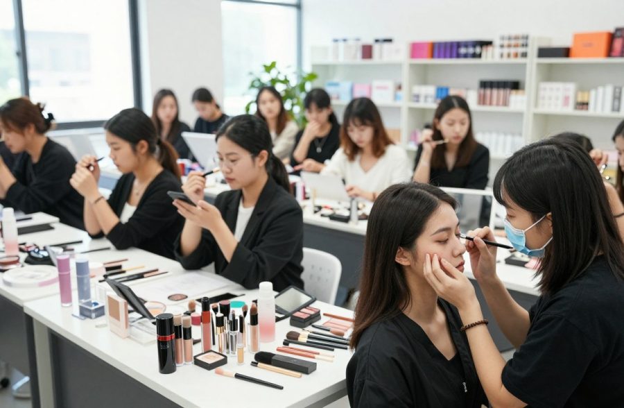 A well-lit training room featuring professional beauty coaches engaged in a hands-on workshop. In the foreground, two coaches demonstrate makeup techniques on a model, showcasing various makeup tools and products spread across a sleek, modern workstation. The middle ground highlights diverse groups of attentive students observing and practicing, all dressed in smart casual attire, focusing intently on the session. The background features large windows allowing natural light to flood the room, with shelves of beauty products and training materials displayed neatly. The ambiance is lively yet focused, conveying an atmosphere of learning and professional development in the beauty industry. Use a soft focus effect on the background to emphasize the interaction in the foreground, capturing a sense of progression and skill enhancement.