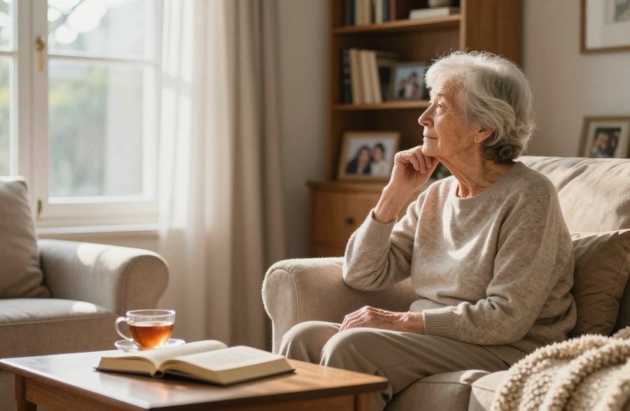 An elderly person, sitting in a cozy, well-lit living room, looking thoughtfully out the window. The foreground features soft, plush furniture with a warm blanket draped over an armchair. In the middle, a coffee table holds a few open books and a cup of tea, symbolizing a moment of reflection. The background has a bookshelf filled with memories and family photos. Natural sunlight streams in, creating a gentle, calming atmosphere that conveys both warmth and contemplation. The scene should evoke a sense of tranquility and introspection about aging, with subtle hints of the challenges faced by those with dementia, portrayed respectfully through the environment rather than explicitly showing distress. The overall mood is serene yet poignant, inviting viewers to ponder the complexities of memory and care.