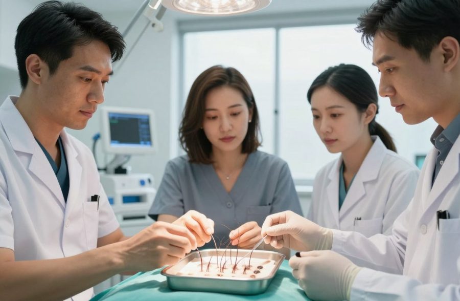 A detailed and vibrant scene of hair follicle transplantation using the FUE technique. In the foreground, a diverse group of three medical professionals, dressed in professional business attire, gently handling hair follicles in a sterile environment. Their expressions convey confidence and focus. The middle ground features a close-up view of a surgical tray with carefully extracted hair follicles, illuminated by soft, bright lighting to enhance details. The background shows a modern, well-lit clinic with medical equipment and a large window letting in natural light, creating a calm and professional atmosphere. The overall mood is one of precision and innovation in hair restoration. The composition emphasizes a sense of care and expertise surrounding hair transplants. A detailed and vibrant scene of hair follicle transplantation using the FUE technique. In the foreground, a diverse group of three medical professionals, dressed in professional business attire, gently handling hair follicles in a sterile environment. Their expressions convey confidence and focus. The middle ground features a close-up view of a surgical tray with carefully extracted hair follicles, illuminated by soft, bright lighting to enhance details. The background shows a modern, well-lit clinic with medical equipment and a large window letting in natural light, creating a calm and professional atmosphere. The overall mood is one of precision and innovation in hair restoration. The composition emphasizes a sense of care and expertise surrounding hair transplants.