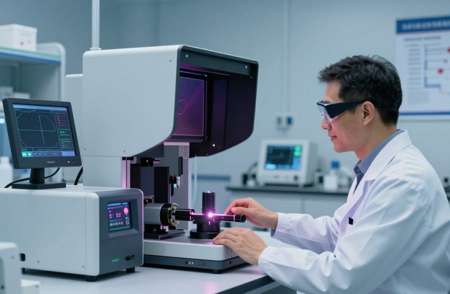 A futuristic laboratory scene focused on laser safety assessments. In the foreground, a professional in a lab coat, wearing safety goggles, is cautiously examining a high-tech laser device on a sleek workstation. The middle layer features advanced laser safety equipment, including protective shields and monitoring instruments displaying real-time data. In the background, soft blue hues illuminate the lab, with shelves of research materials and posters outlining laser safety protocols. The atmosphere is serious yet optimistic, suggesting progress in laser safety technology. Utilize soft, diffused lighting to create a clean and sterile environment, shot from a slightly elevated angle to emphasize the equipment and the technician’s focus.