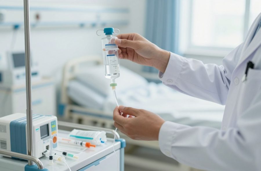 A healthcare professional, dressed in a crisp white lab coat, is demonstrating effective intravenous (IV) infusion techniques in a bright, modern hospital room. In the foreground, focus on their hands skillfully adjusting the IV drip chamber, showcasing the clear, sterile IV line connected to a sleek infusion pump. The mid-ground features an organized medical cart with various IV supplies, including medical syringes and bandages, emphasizing a professional clinical environment. The background displays hospital equipment and a patient bed, illuminated by soft, natural light coming from a nearby window, creating a calm and focused atmosphere. The image captures the essence of safety and efficiency in IV administration, highlighting professionalism and precision without any distractions or text. A healthcare professional, dressed in a crisp white lab coat, is demonstrating effective intravenous (IV) infusion techniques in a bright, modern hospital room. In the foreground, focus on their hands skillfully adjusting the IV drip chamber, showcasing the clear, sterile IV line connected to a sleek infusion pump. The mid-ground features an organized medical cart with various IV supplies, including medical syringes and bandages, emphasizing a professional clinical environment. The background displays hospital equipment and a patient bed, illuminated by soft, natural light coming from a nearby window, creating a calm and focused atmosphere. The image captures the essence of safety and efficiency in IV administration, highlighting professionalism and precision without any distractions or text.