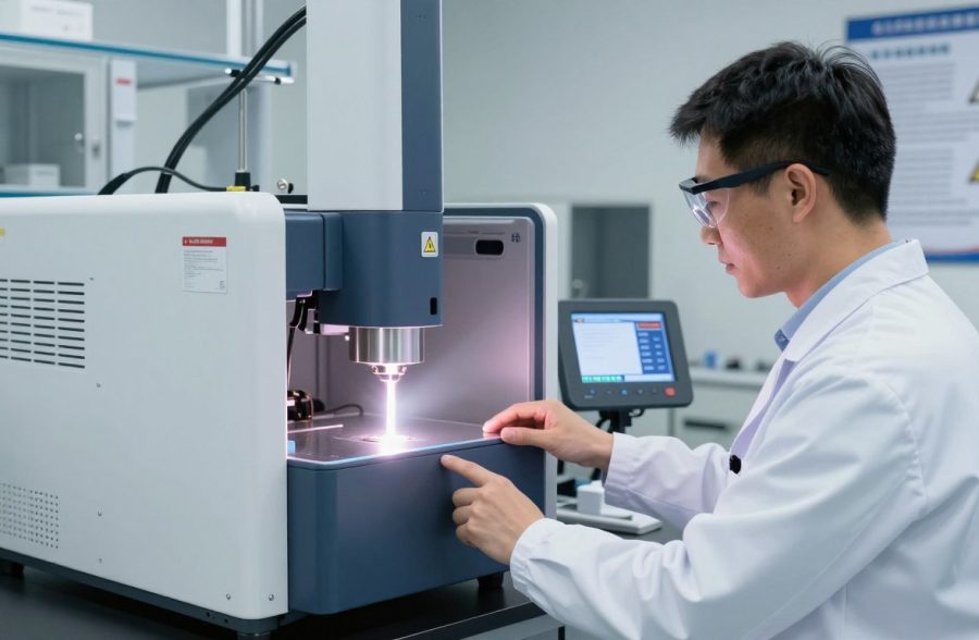A modern laser safety demonstration scene in a well-lit laboratory. In the foreground, a professional technician wearing protective eyewear and a lab coat checks laser equipment with a digital display showing safety metrics. The middle background features advanced laser devices with clear safety labels, emphasized by bright, focused lighting that highlights their high-tech features. The colors are predominantly white and blue, conveying a sense of cleanliness and professionalism. In the background, posters on the walls outline safety and compliance guidelines for laser use. The atmosphere is serious yet optimistic, showcasing the importance of safety measures in contemporary laser technology.