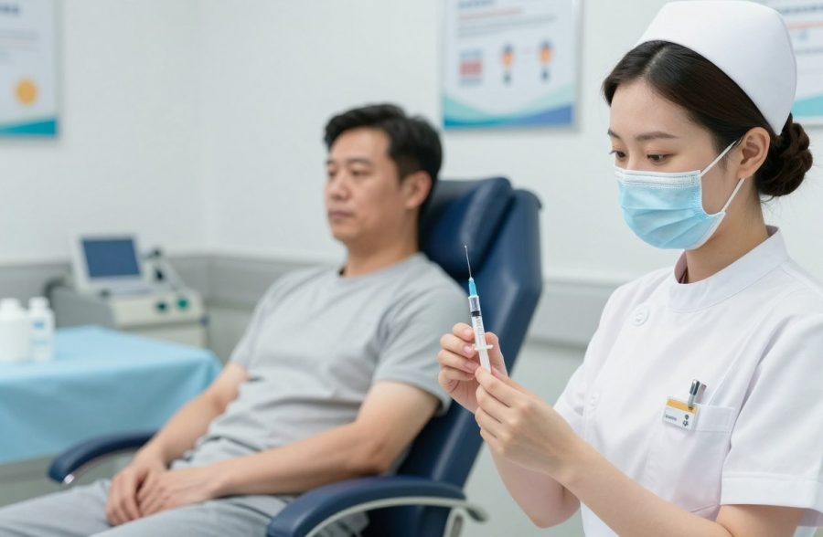 A modern medical setting where a nurse in professional attire prepares a patient for an injection. In the foreground, focus on the nurse, with a calm and attentive expression, holding a syringe with a needle and a clear plastic vial. The nurse’s uniform is neat with a name badge. In the middle ground, the patient sits in a comfortable examination chair, looking relaxed and reassured, with a sterile field set up beside them. Soft, diffused lighting enhances the clean and clinical atmosphere. The background shows medical equipment and posters about safe injection practices, all contributing to a sense of professionalism and care. The image should evoke a mood of safety, trust, and competency in medical procedures. A modern medical setting where a nurse in professional attire prepares a patient for an injection. In the foreground, focus on the nurse, with a calm and attentive expression, holding a syringe with a needle and a clear plastic vial. The nurse’s uniform is neat with a name badge. In the middle ground, the patient sits in a comfortable examination chair, looking relaxed and reassured, with a sterile field set up beside them. Soft, diffused lighting enhances the clean and clinical atmosphere. The background shows medical equipment and posters about safe injection practices, all contributing to a sense of professionalism and care. The image should evoke a mood of safety, trust, and competency in medical procedures.