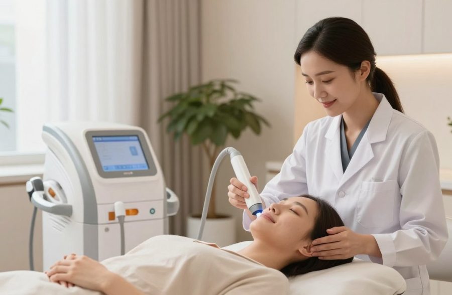 A modern, serene clinic setting showcasing advanced laser beauty technology. In the foreground, a professional-looking female practitioner in a white lab coat, smiling as she demonstrates a laser treatment on a patient, who is comfortably dressed in modest attire. In the middle ground, sleek, state-of-the-art laser equipment is visible, with soft lights reflecting against gleaming surfaces, emphasizing cleanliness and precision. The background displays a calming color palette, featuring pastel shades and realistic plants that enhance the soothing atmosphere. Natural light filters through large windows, creating a warm, inviting glow, giving the image a sense of hope and innovation in beauty treatments. The overall mood conveys professionalism, trust, and the advancement of technology in beauty care. A modern, serene clinic setting showcasing advanced laser beauty technology. In the foreground, a professional-looking female practitioner in a white lab coat, smiling as she demonstrates a laser treatment on a patient, who is comfortably dressed in modest attire. In the middle ground, sleek, state-of-the-art laser equipment is visible, with soft lights reflecting against gleaming surfaces, emphasizing cleanliness and precision. The background displays a calming color palette, featuring pastel shades and realistic plants that enhance the soothing atmosphere. Natural light filters through large windows, creating a warm, inviting glow, giving the image a sense of hope and innovation in beauty treatments. The overall mood conveys professionalism, trust, and the advancement of technology in beauty care.