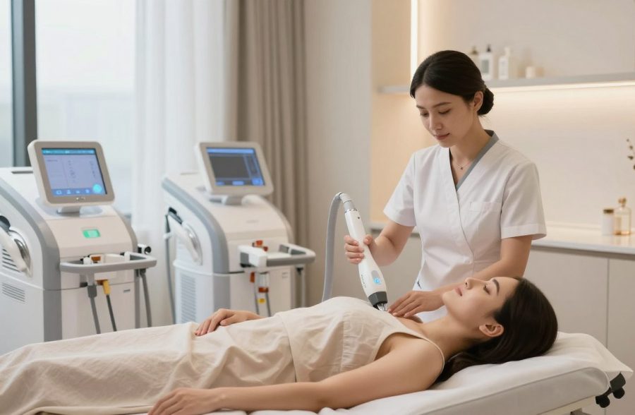 A modern, well-lit aesthetic clinic interior showcasing advanced laser technology for beauty treatments. In the foreground, a confident, professionally dressed female practitioner demonstrates the laser equipment on a patient, who is comfortably reclined on a sleek treatment table wearing a modest gown. The middle ground features high-tech laser machines, illuminated control panels, and soft, ambient lighting to enhance the clinical yet inviting atmosphere. The background includes large windows allowing natural light to filter in, adorned with elegant decor that conveys a sense of tranquility and professionalism. The overall mood is calm, sophisticated, and focused on innovation in beauty technology. A modern, well-lit aesthetic clinic interior showcasing advanced laser technology for beauty treatments. In the foreground, a confident, professionally dressed female practitioner demonstrates the laser equipment on a patient, who is comfortably reclined on a sleek treatment table wearing a modest gown. The middle ground features high-tech laser machines, illuminated control panels, and soft, ambient lighting to enhance the clinical yet inviting atmosphere. The background includes large windows allowing natural light to filter in, adorned with elegant decor that conveys a sense of tranquility and professionalism. The overall mood is calm, sophisticated, and focused on innovation in beauty technology.